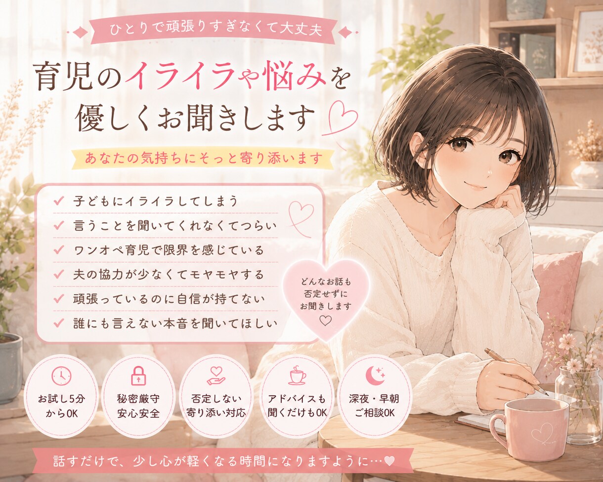 育児のイライラや悩みを聞きます 頑張るママの気持ちに寄り添います イメージ1