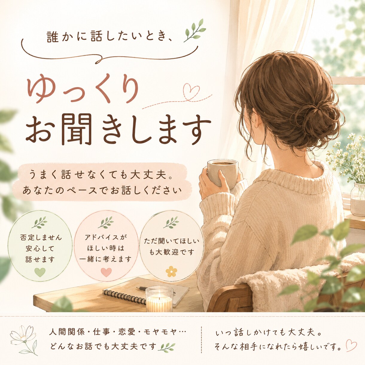 誰かに話したいとき、ゆっくりお聞きします うまく話せなくても大丈夫。あなたのペースでお話しください。 イメージ1