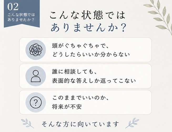 あなたの悩みを感情と現実の両面から整理します 「もう限界だけど、どうしたらいいか分からない人へ」 イメージ2