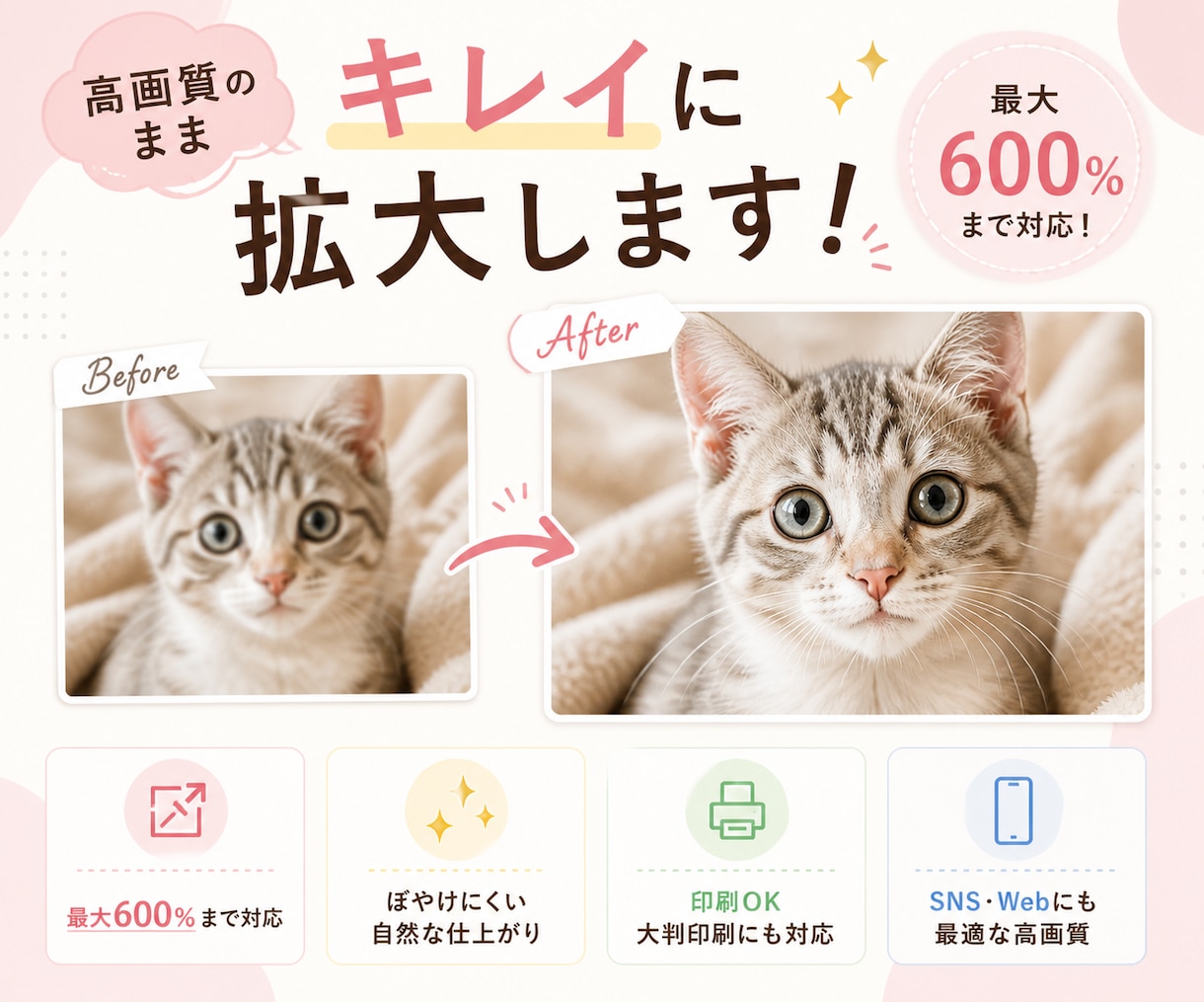 小さな写真を高画質で拡大します 最大600％まで対応！透かしサンプル確認後に納品します イメージ1