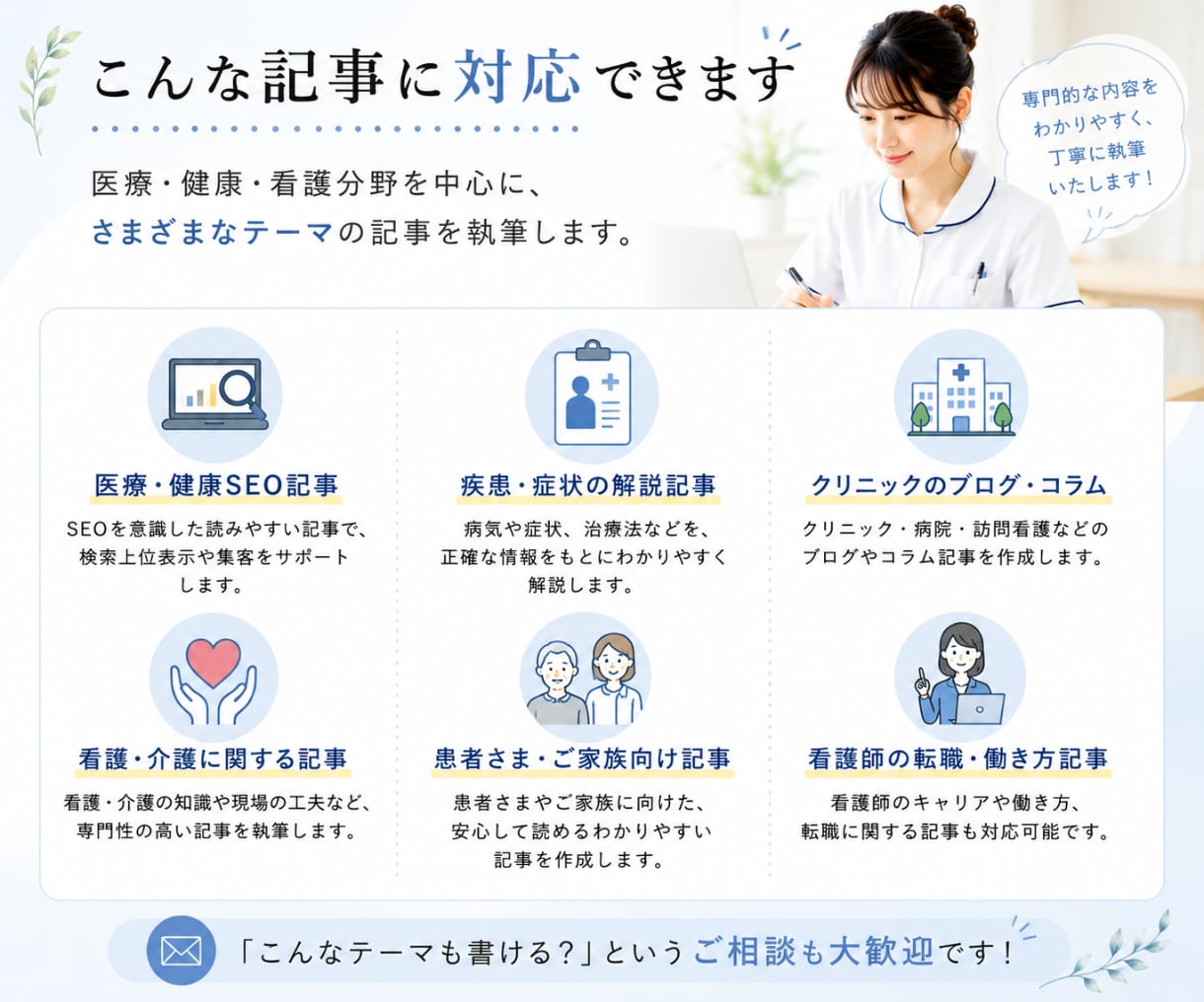 現役看護師が医療・健康記事をわかりやすく執筆します 専門的な医療情報を、一般の方にも伝わる読みやすい文章にします イメージ3