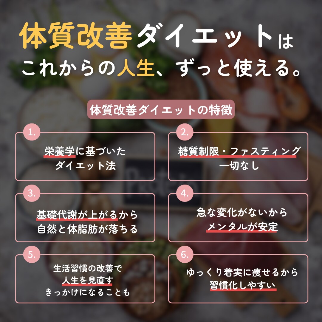 3日の食事改善をダイエットをサポートします 体質改善ダイエットで生活習慣を見直そう（ビデオチャット付） イメージ1