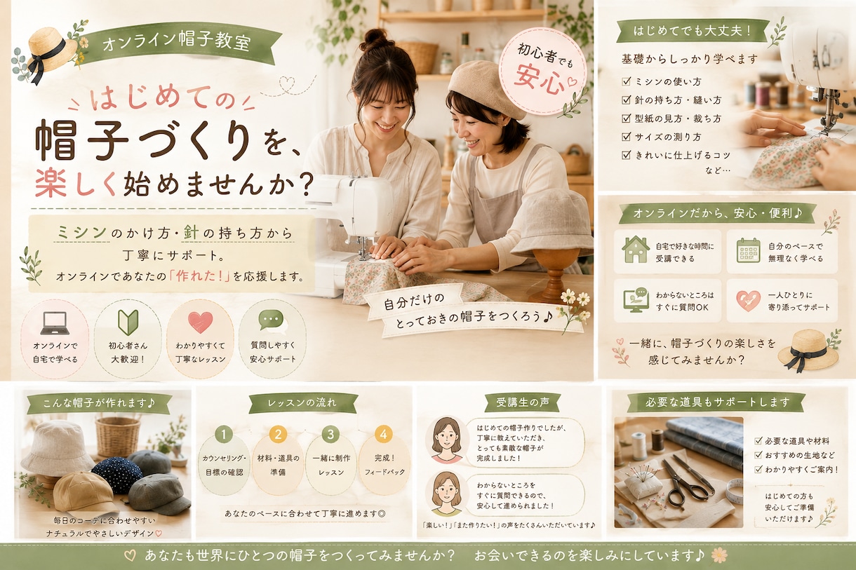 はじめての帽子制作をサポートします 初心者でも安心✿あなただけの帽子を作るオンライン教室 イメージ2