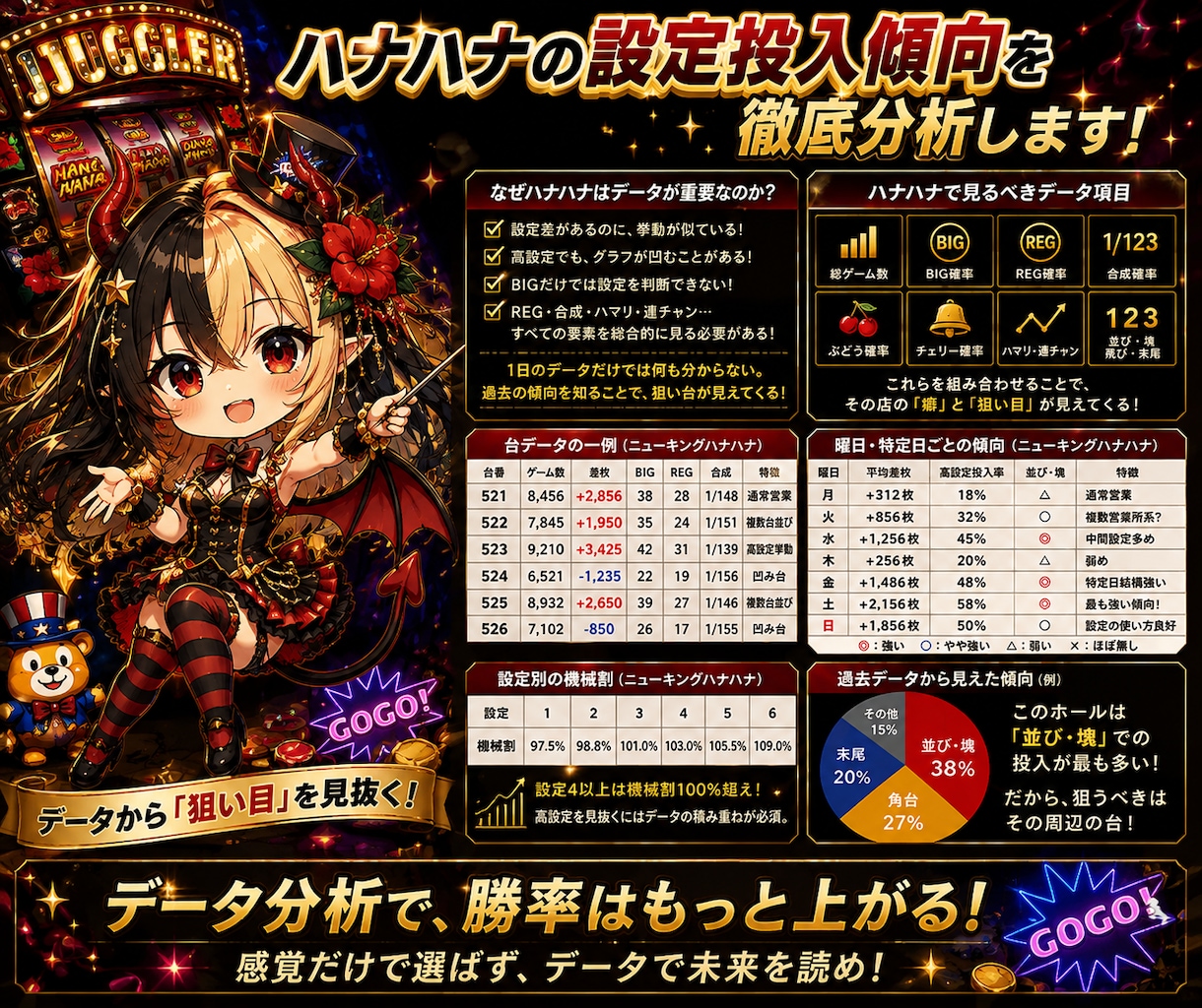 ハナハナの設定投入傾向を徹底分析します 感覚だけで選ばず過去データから分析します。 イメージ1