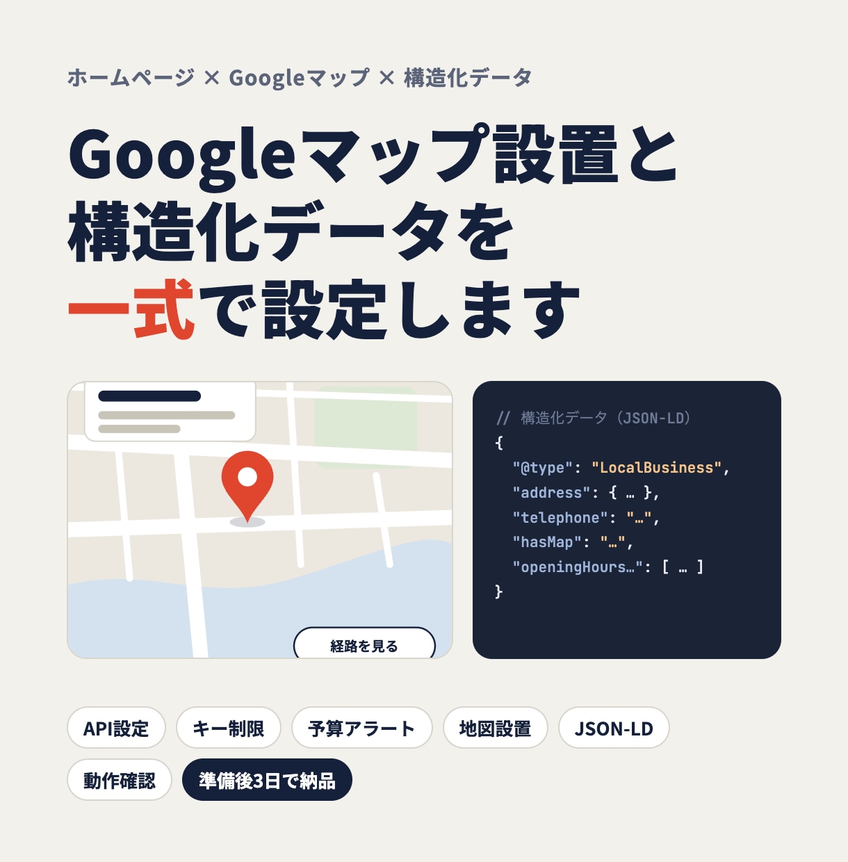 Googleマップ設置と構造化データを設定します API設定・キー制限・予算アラートまで一式を3日で イメージ1