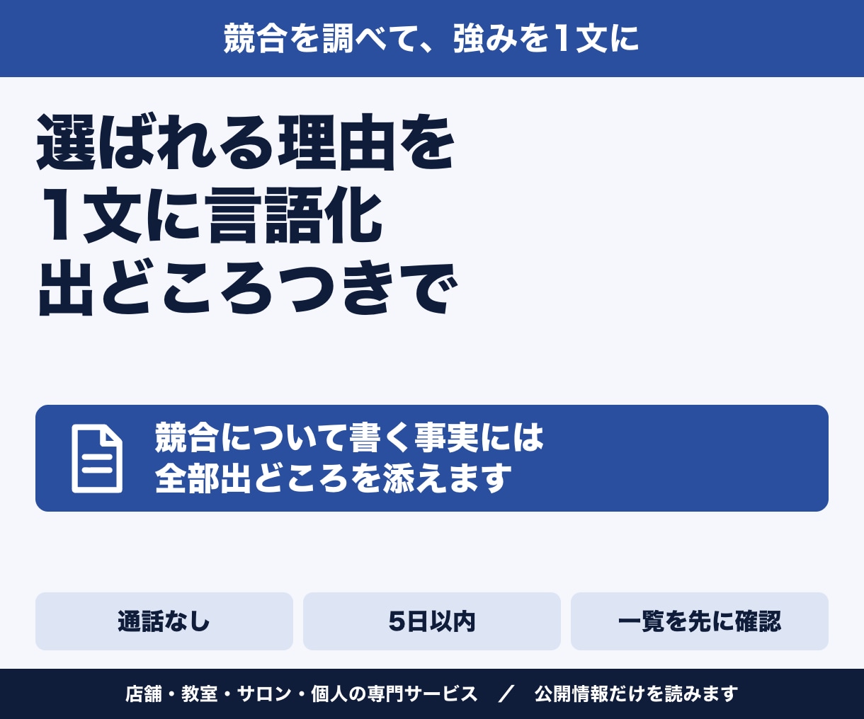 競合調査で、あなたの強みを1文に言語化します 競合について書く事実には、全部出どころを添えます イメージ1