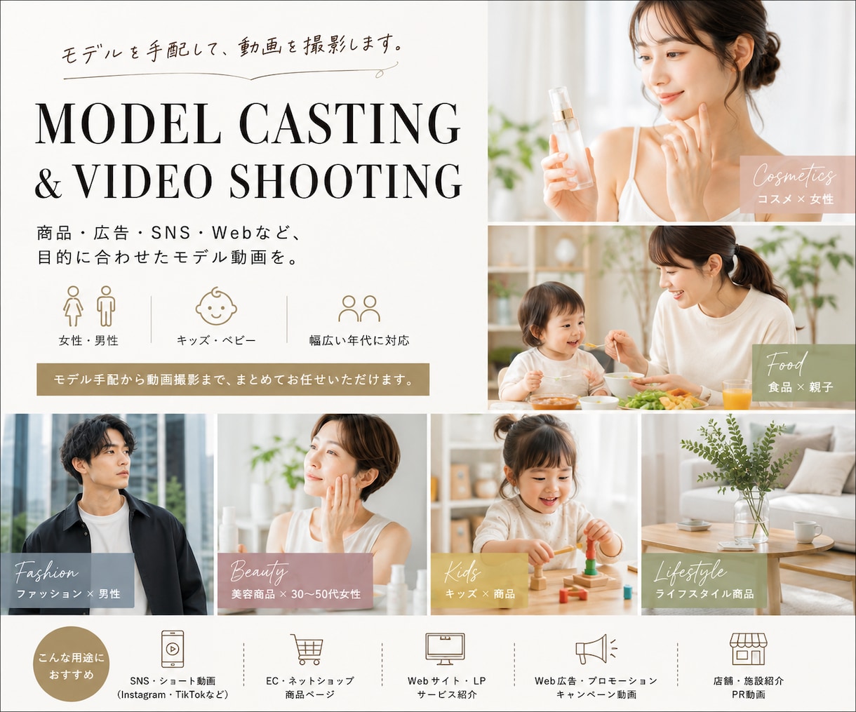 モデル×商品で魅力を伝える動画を撮影します 女性・男性・キッズ・幅広い年代のモデルキャスティングに対応 イメージ1
