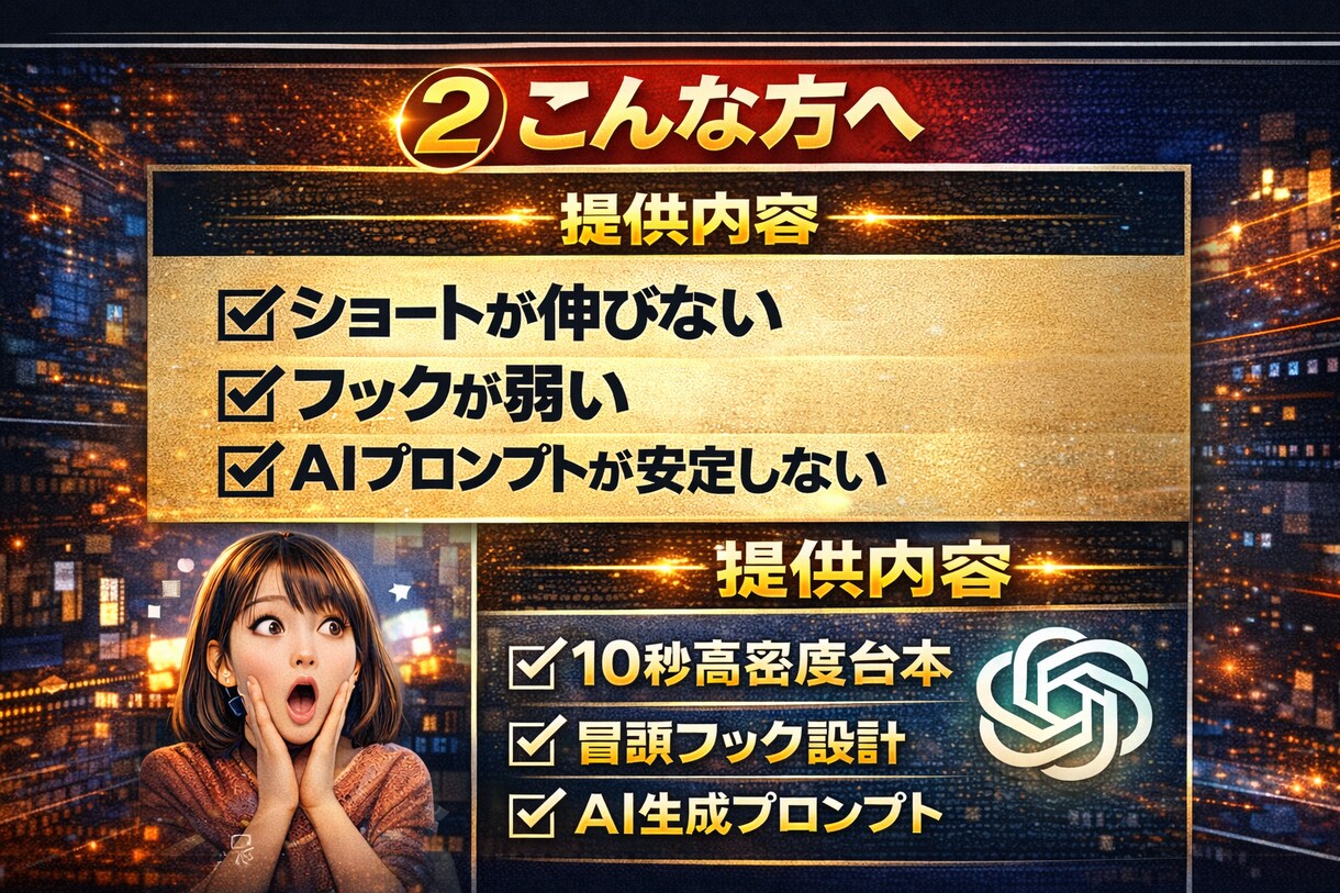 AIショート台本作ります ショート動画10秒で刺さる高密度台本＋生成プロンプト作成 イメージ2