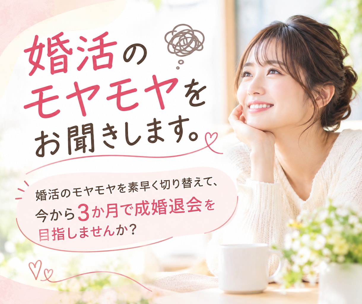 婚活のモヤモヤをお聞きします 次の行動を整理して、今から3か月で成婚退会を目指しましょう！ イメージ1