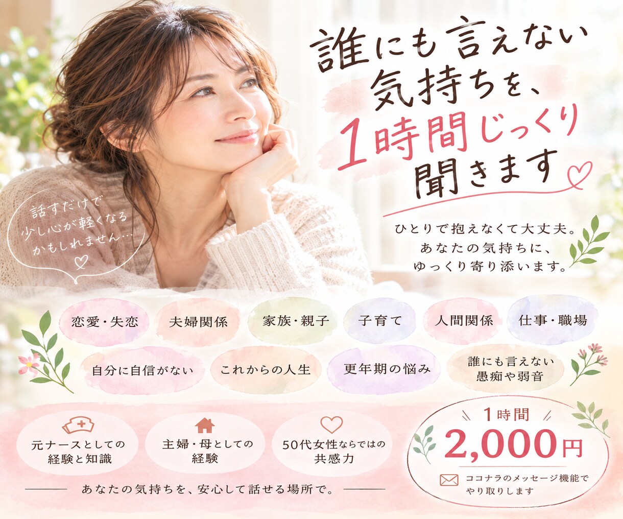 誰にも言えない気持ちを、1時間じっくり聞きます 誰にも言えない気持ちを、チャットでじっくり聞きます｜元ナース イメージ1