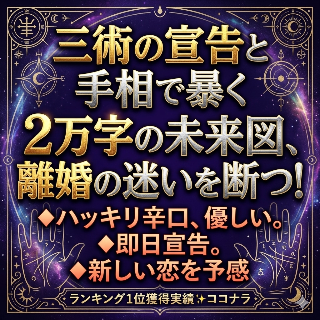 三術×手相で即日宣告。2万字の離婚未来図鑑定します 【三術×手相】の離婚白書◆辛口につき閲覧注意。未来を導き出す イメージ1