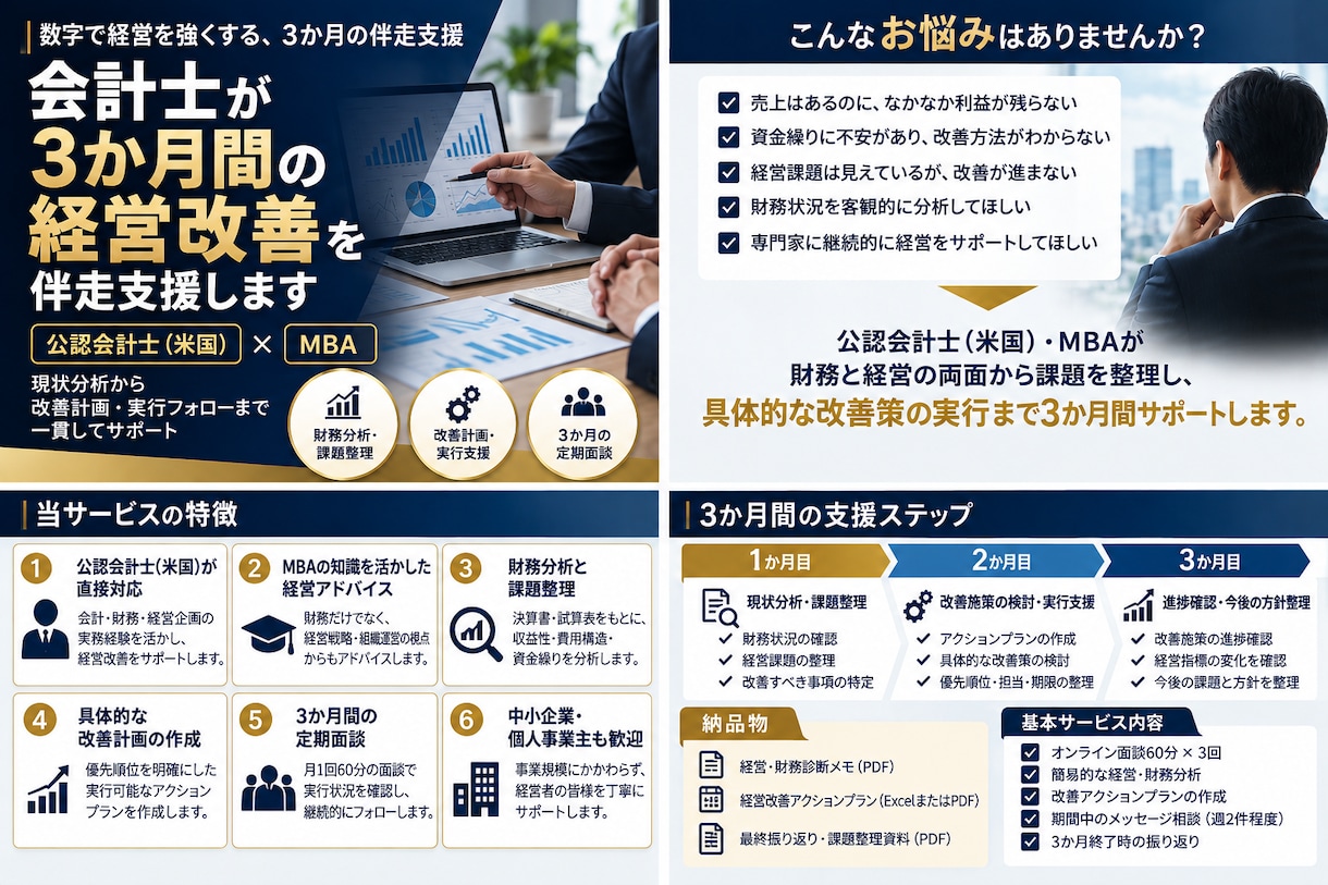 会計士が3か月間の経営改善を伴走支援します 公認会計士（米国）・MBAが分析から改善実行までサポート イメージ1