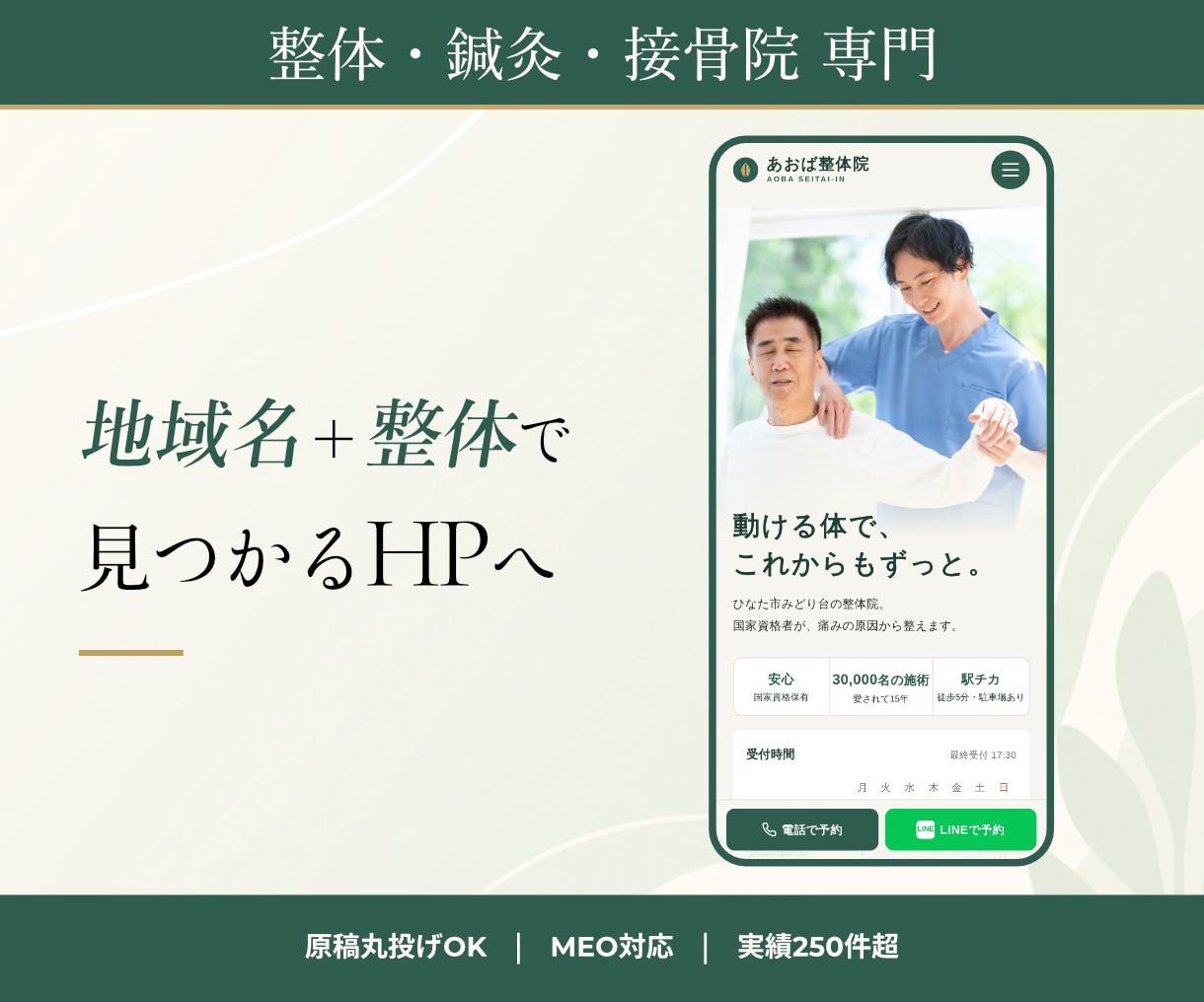 整体･鍼灸･接骨院専門｜予約が入るHP作ります 地域名検索1位の実績多数｜MEO･予約導線･原稿もお任せ イメージ1