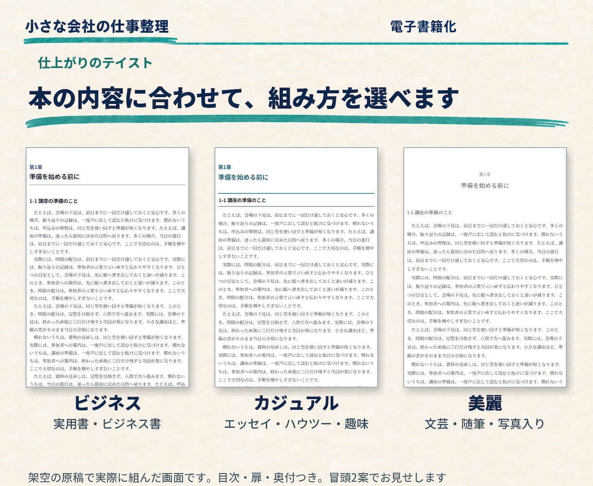 見本を選んで完成原稿を電子書籍に整えます 3つのテイスト。横書き5万字まで相談なしで購入OK イメージ8