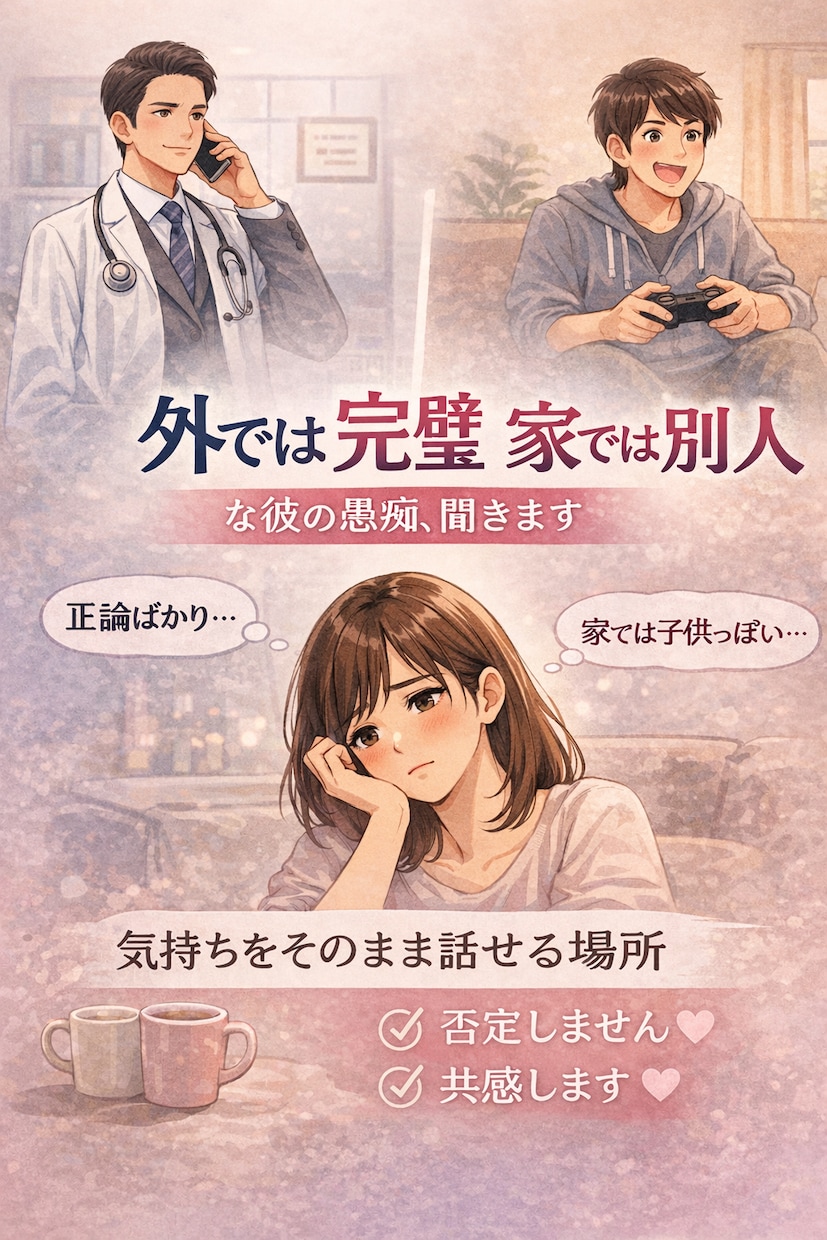 外では完璧、家では別人な夫(彼)の愚痴聞きます なんで私ばっかり我慢…そんなふうに感じたことがあるあなたへ イメージ1
