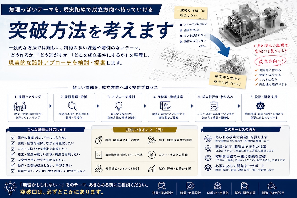 難しい機構・構造課題の設計アプローチを支援します 無理っぽい課題を、現実的な設計アプローチへ導きます イメージ1