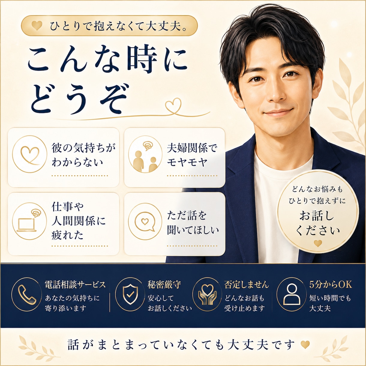 恋愛・仕事・人間関係のお悩み、優しく聞きます 否定しません。5分から、あなたのペースでどうぞ！ イメージ3