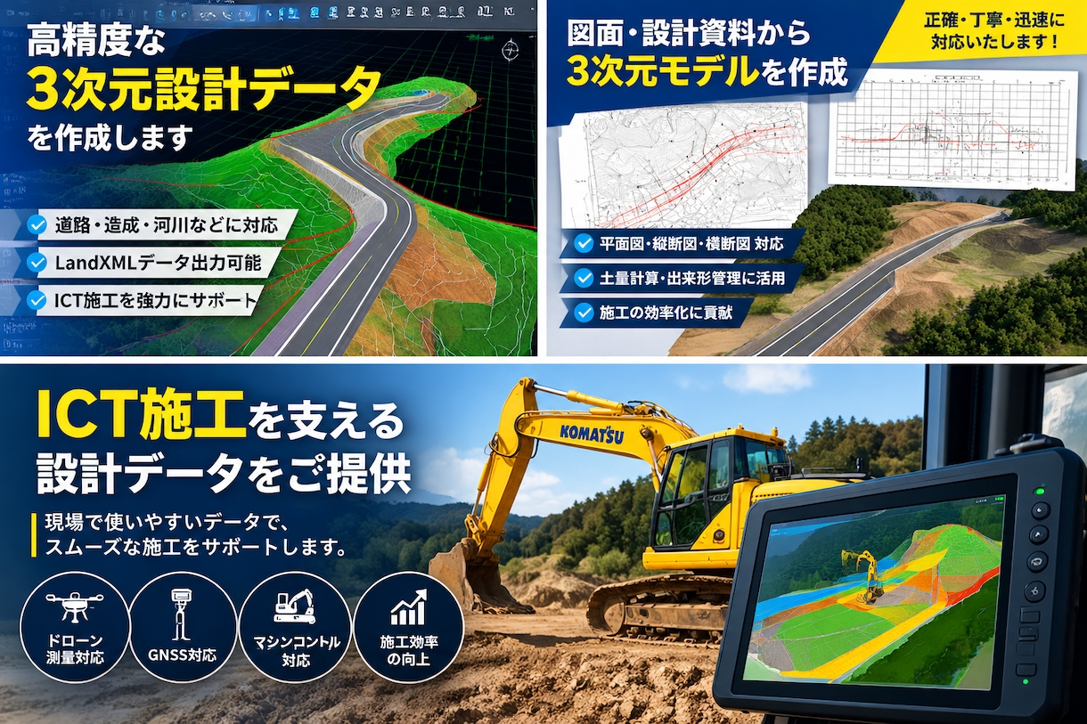 民間工事及び公共工事の3次元設計データ作成します SiTECH 3Dを活用し、正確で丁寧なデータを作成します！ イメージ2