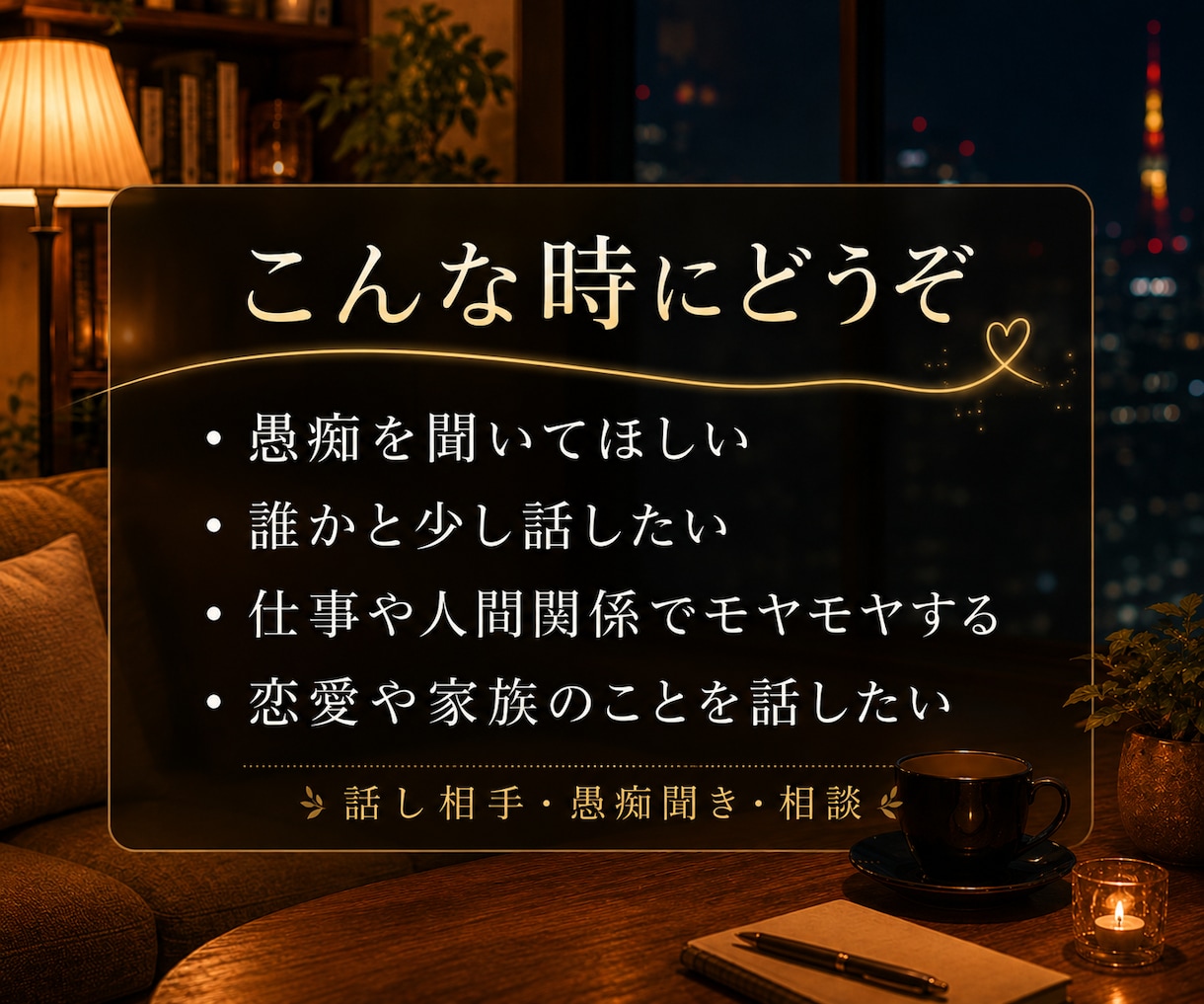 愚痴も悩みも、じっくりお話を伺います ただ話したい時も、悩んだ時もあなたに寄り添います イメージ2