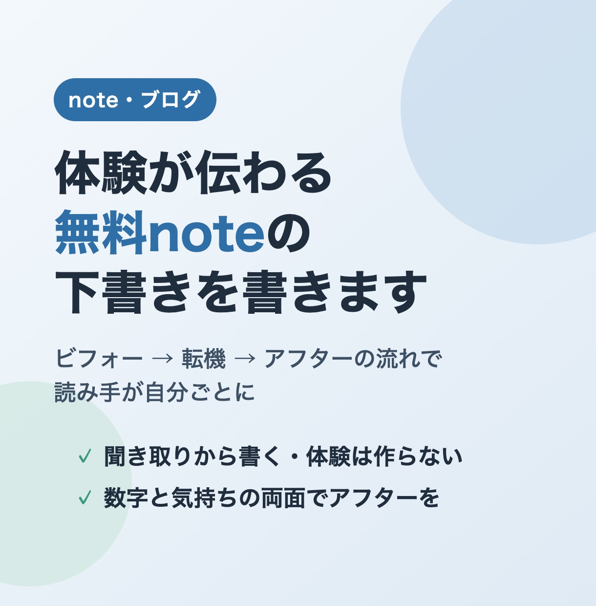 体験が伝わる無料noteの下書きを書きます ビフォー→転機→アフターの流れで、読み手が自分ごとに イメージ1
