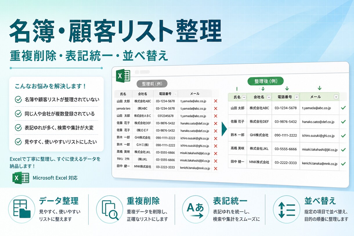名簿・顧客リストをExcelで整理・重複削除します 名簿や顧客リストの整理をお手伝いします。 イメージ1