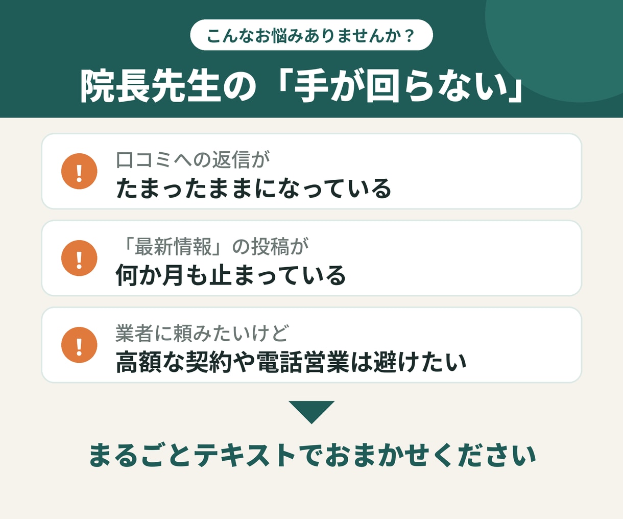 整骨院・整体院専門｜口コミ運用を代行します 口コミ返信・週1投稿・月1報告｜電話なし・規約を守った運用 イメージ2