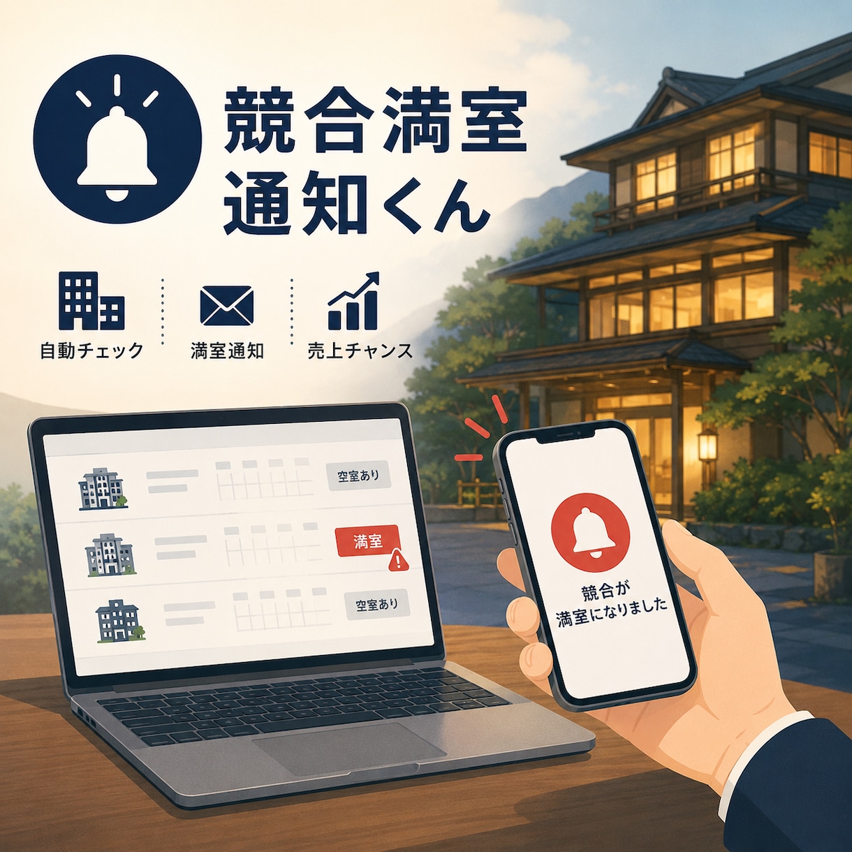 競合の満室を、あなたの宿の利益アップに変えます 競合の満室状況を、通知する自動化サービスを導入しませんか？ イメージ2