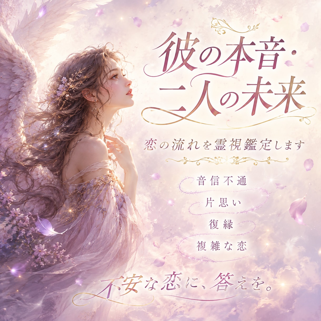 彼の本音と二人の未来を霊視で深く読み解きます 音信不通・片思い・復縁・複雑な恋の流れをお伝えします イメージ1