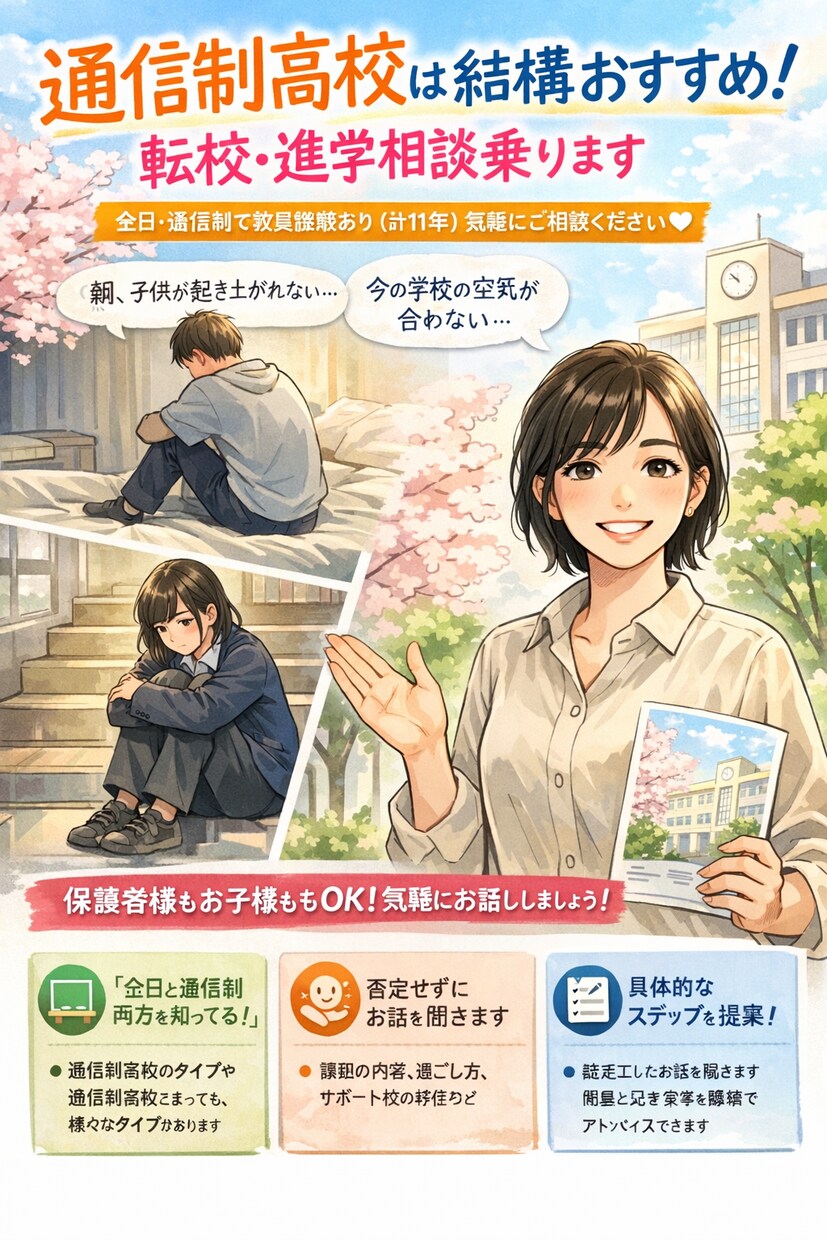 通信制高校は結構おすすめ！転校・進学相談乗ります 全日・通信制で教員経験あり（計11年）気軽にご相談ください！ イメージ1