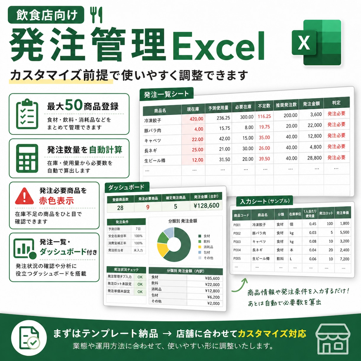 飲食店向け発注管理Excelを提供します 在庫・使用量から発注数量を自動計算し、発注漏れを防止 イメージ1