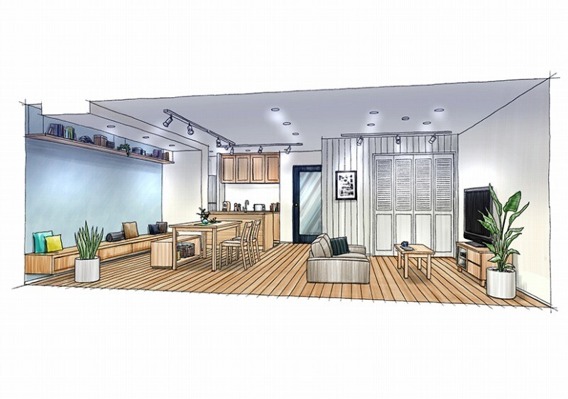 デジタル手描きマーカー調パース（複合空間）描きます 図面、参考画像を元に魅力的な空間を描きます。 イメージ5