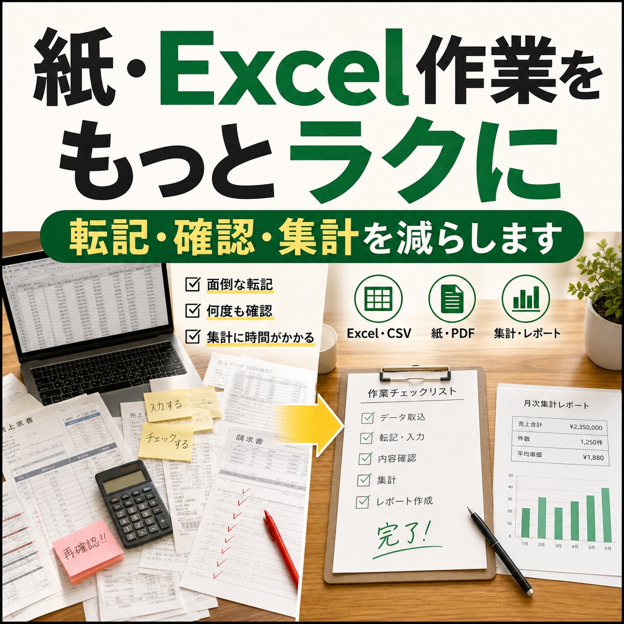 紙・Excel・CSVの面倒な事務作業を楽にします 転記・確認・集計の流れを聞き取り、小さなツールで手間を削減 イメージ1
