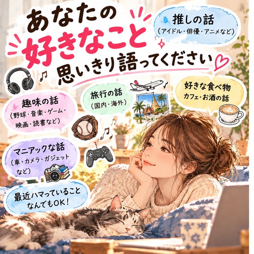 あなたの好きな世界、興味津々でお聞きします 趣味•推し活•最近ハマっている事、思う存分聞かせて♪ イメージ2