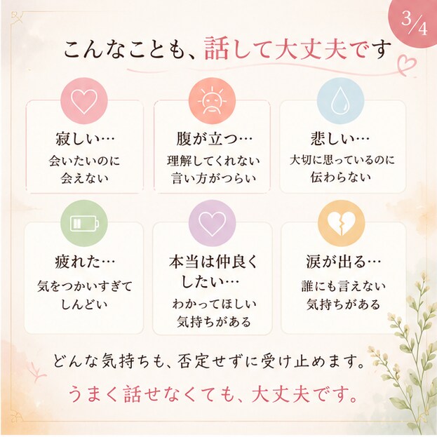 親だから言えない本音、聞きます 寂しさも、怒りも、愚痴も。本音を聞かせてください イメージ3