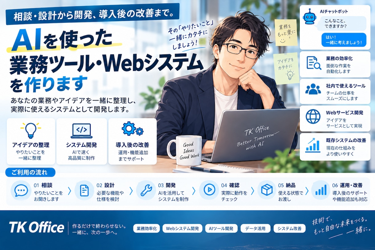 AIを使った業務ツール・Webシステムを作ります 相談・設計から開発、確認、導入後の改善まで対応します イメージ1