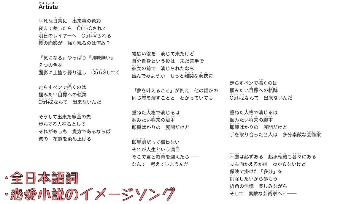 創作小説家が、様々なジャンル対応の歌詞を書きます 聴けば情景が浮かぶような歌詞から、言葉遊び、ラップまで対応！ イメージ2