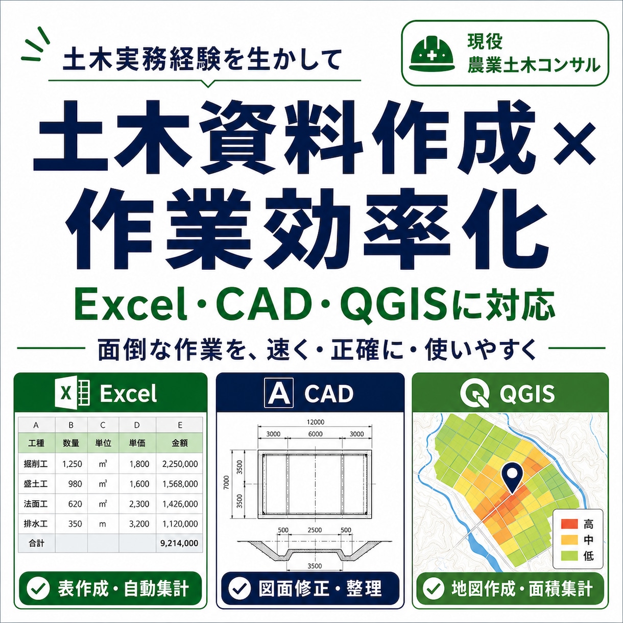 土木資料作成と作業効率化を支援します Excel・CAD・QGISで面倒な作業を効率化します イメージ1