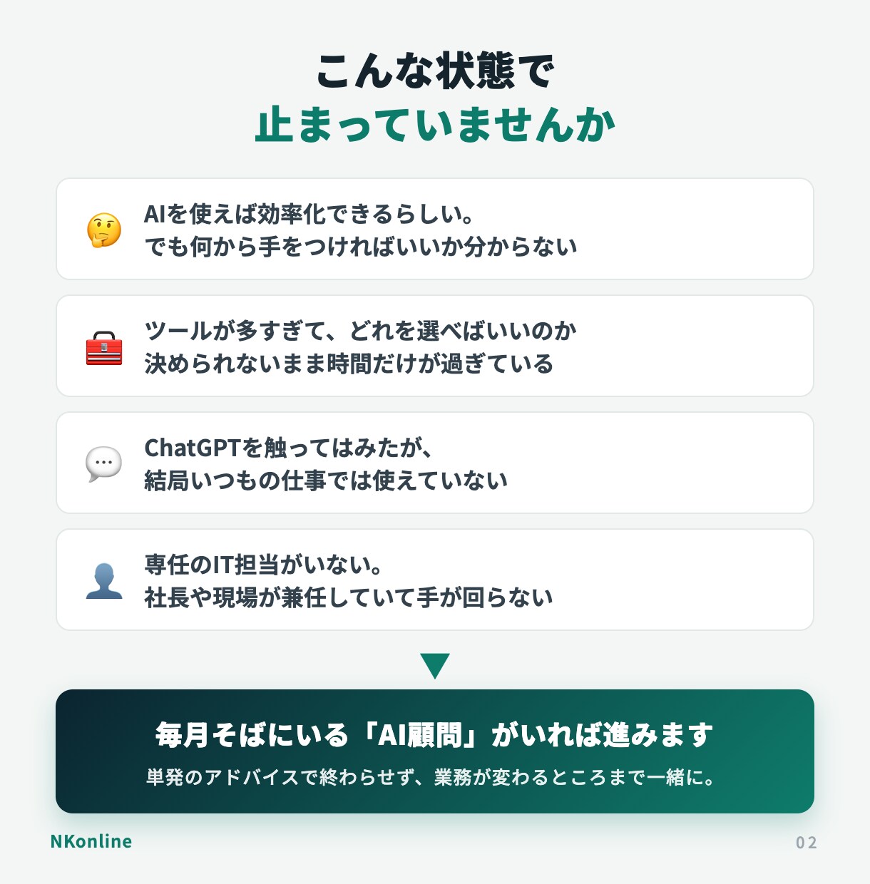中小企業のAI顧問として月額で伴走します 月5万円で、AI導入の相談相手が毎月そばに イメージ2