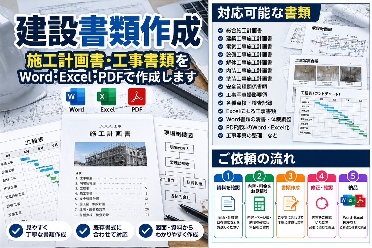 施工計画書や工事書類を作成します 建設現場の書類作成を丁寧に代行します イメージ1