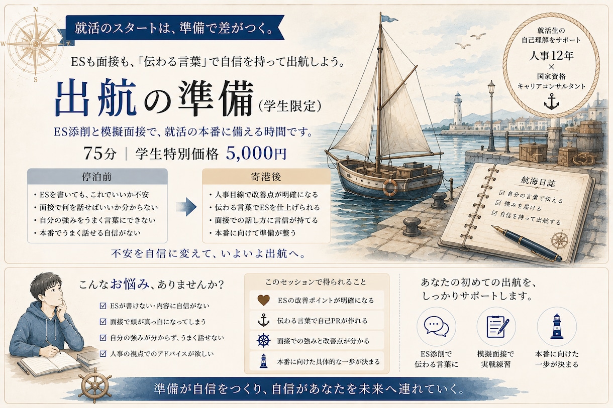 人事12年｜ES添削と模擬面接で伝わる力を磨きます あなたらしさを、伝わる言葉と伝え方に変えていきます イメージ1