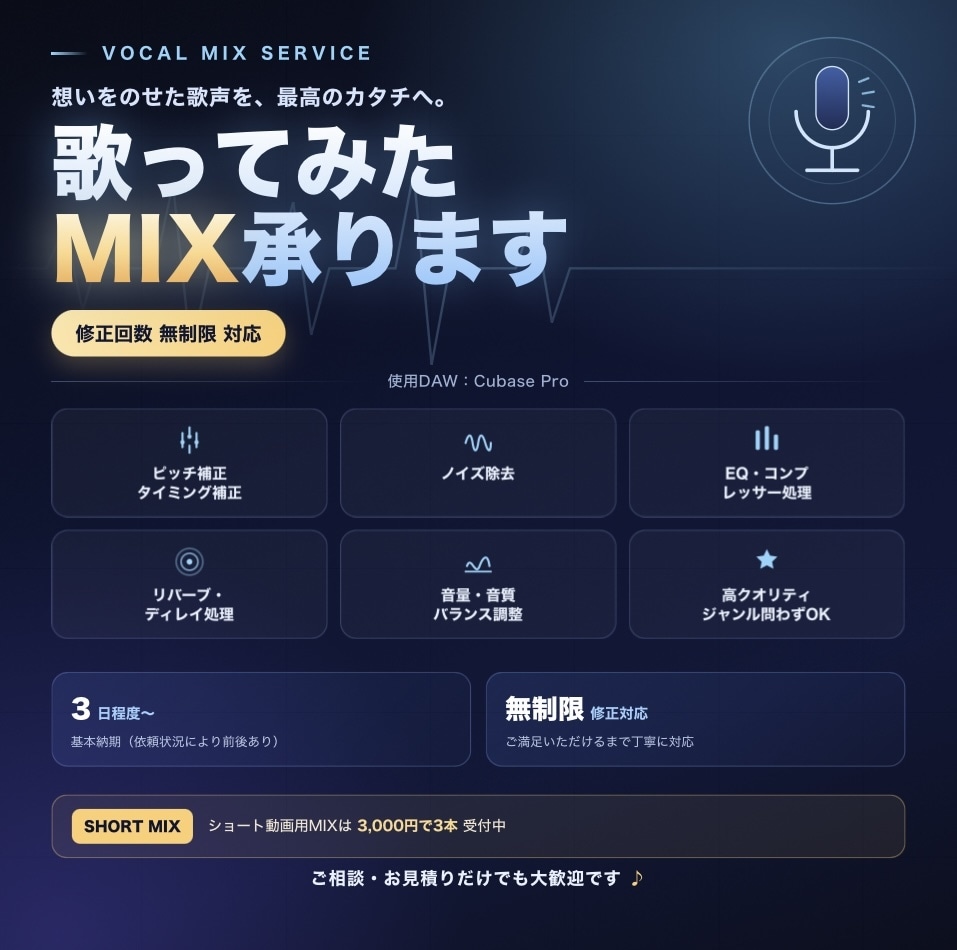 歌ってみたのMIXを行います 実績作りのため、最安値で丁寧に対応させていただきます！ イメージ1