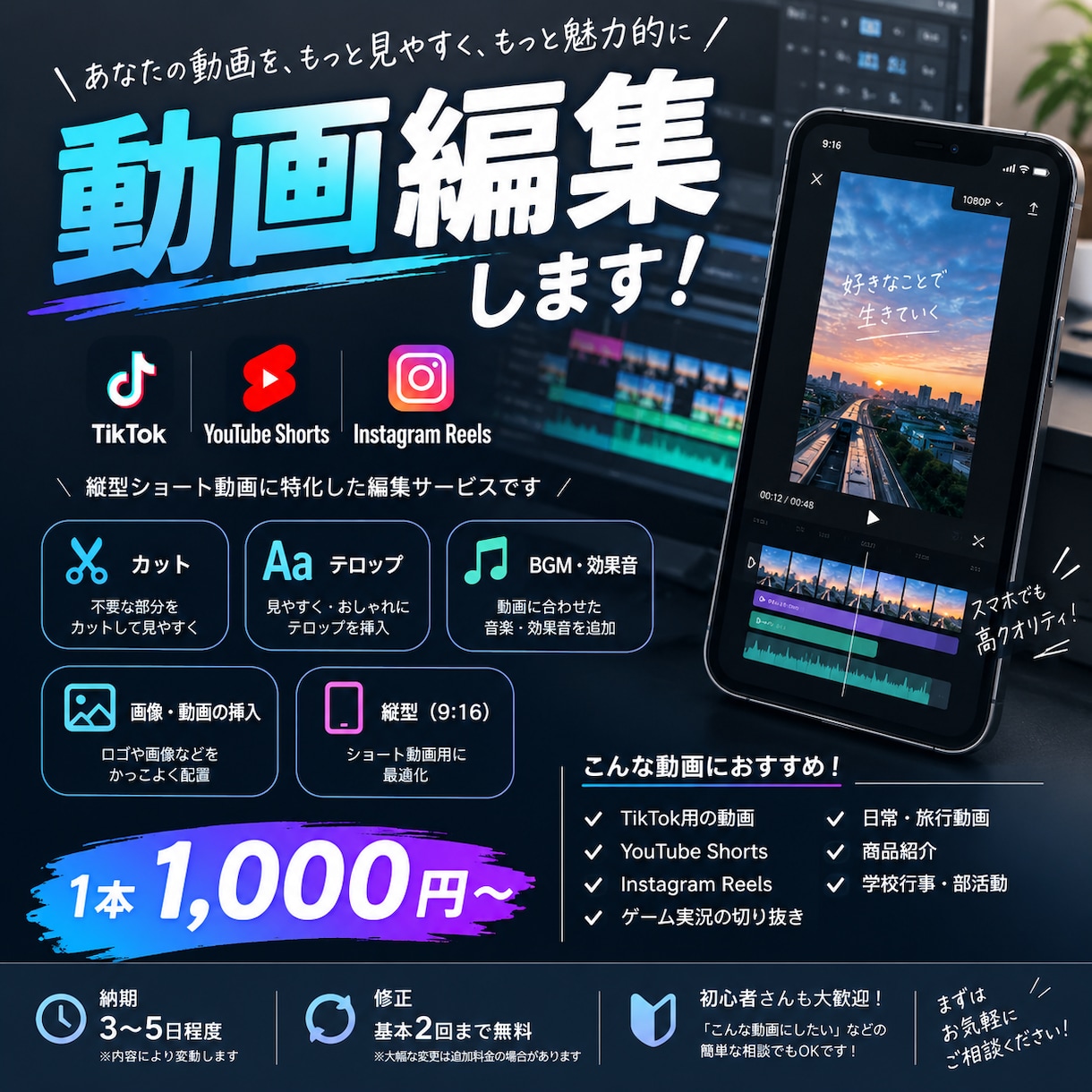 ショート動画の動画編集をします 費用を抑えたいらという方におすすめです イメージ1