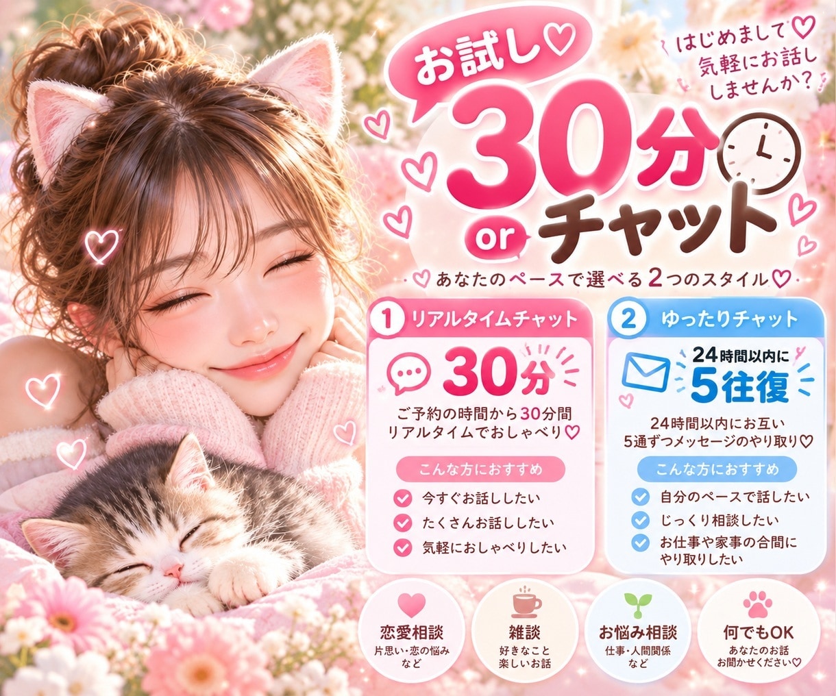 選べるお試し♡あなたのお話を優しくお聞きします あなたの生活スタイルに合わせて寄り添います☺︎❤ イメージ1