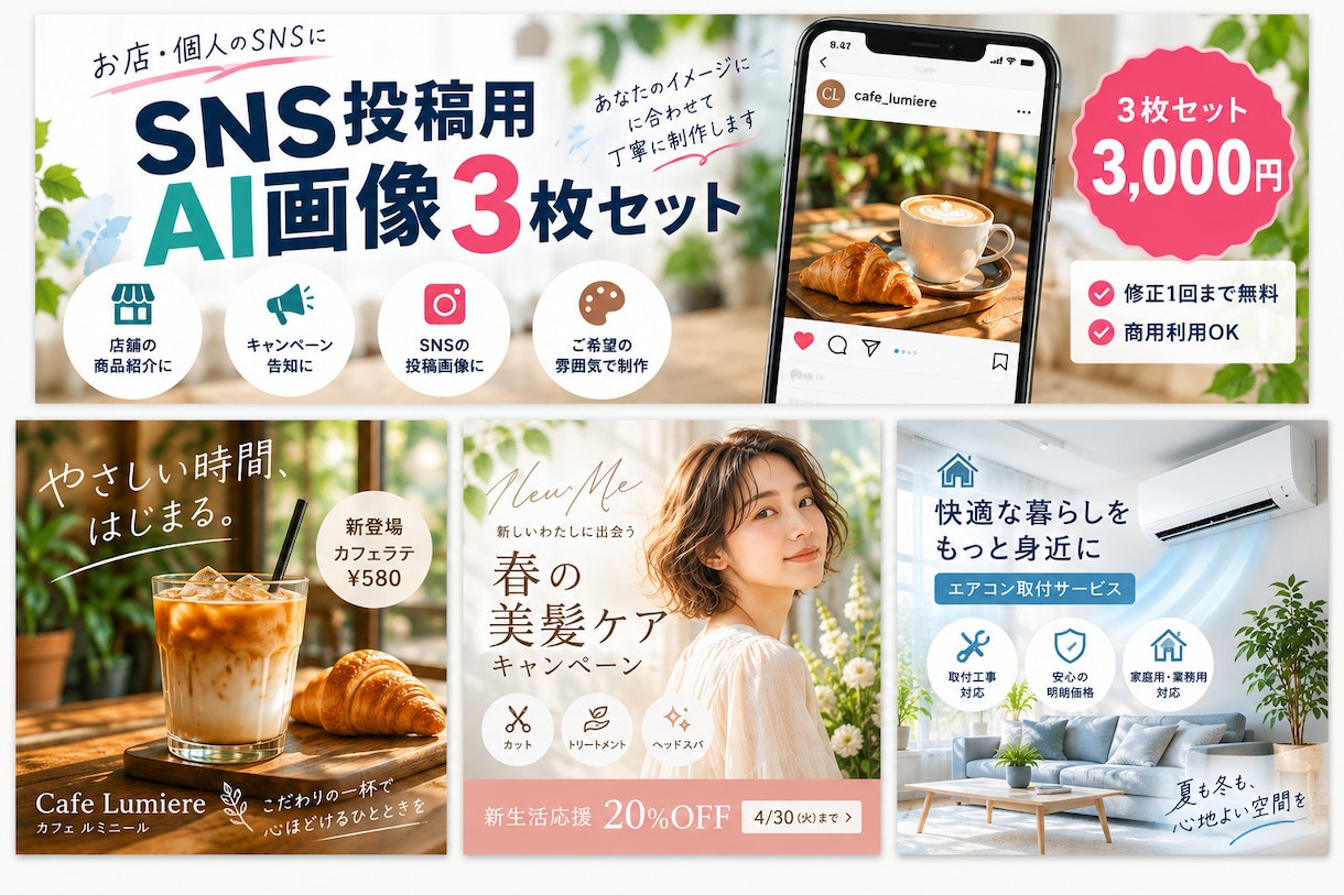 SNS投稿用のAI画像3枚を制作しますます お店や個人のSNS向け画像を丁寧に制作します イメージ1