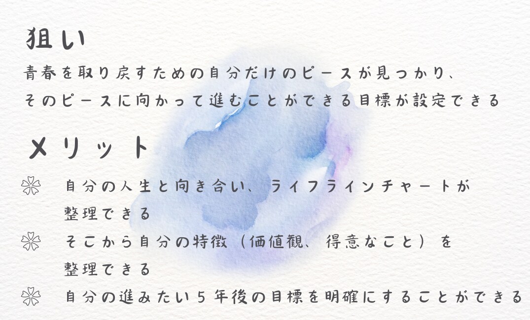 青春を取り戻す 5年後の目標設定コースを開講します あなただけの青春を実現するピースを探し、目標に落とし込みます イメージ2
