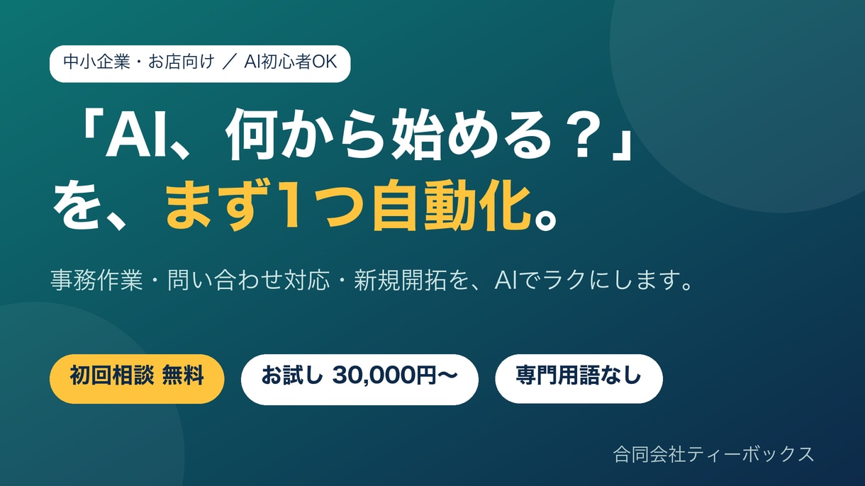 AI初心者の会社の業務を1つ自動化します 初回相談無料。専門用語なしでAI導入をサポート イメージ1