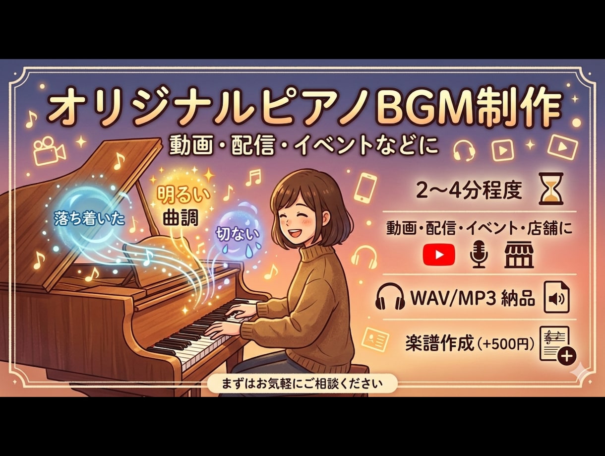 オリジナルのピアノBGMを制作します 動画・配信・イベントなどに使えるピアノBGMを制作します イメージ1