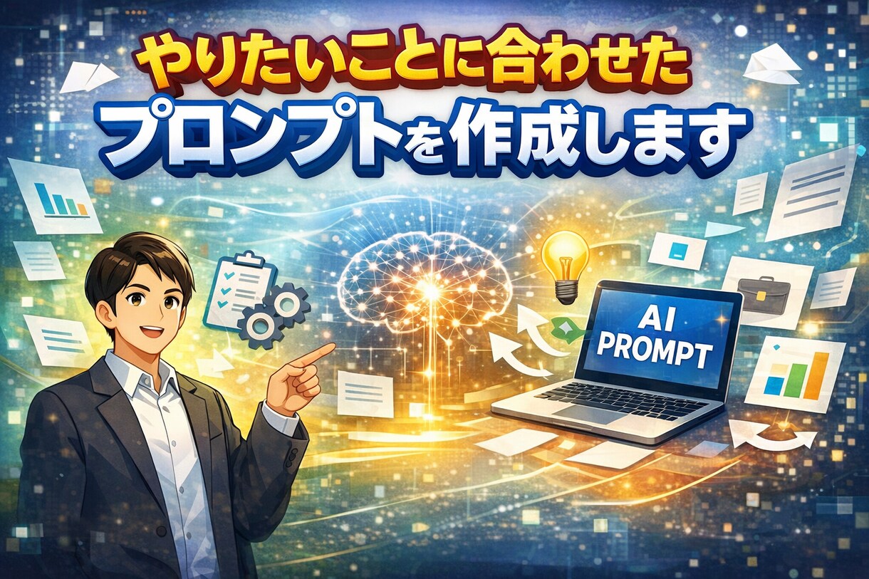 やりたいことに合わせたプロンプトを作成します 業務に合わせて整える、実務で使えるAIプロンプト。 イメージ1
