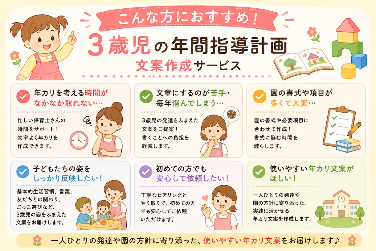 3歳児の年間指導計画を作成します 保育士目線で3歳児の発達に沿った年カリ文案を作成 イメージ3
