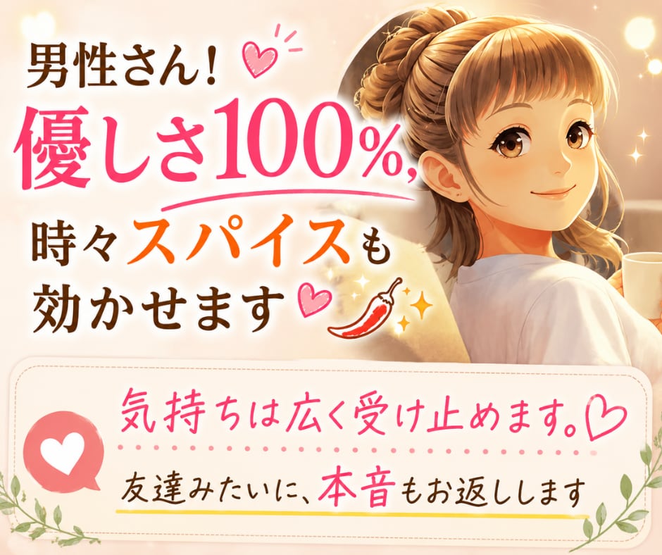 男性さん!優しさ100%、時々スパイスも効かせます 気持ちは広く受け止めます。 友達みたいに、本音もお返しします イメージ2